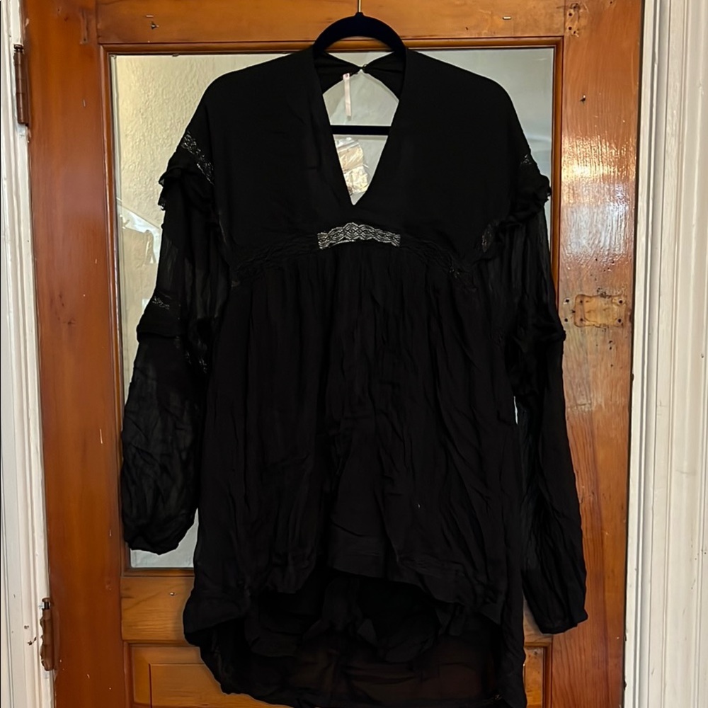 Free People Black Embellished Puff Sleeve Top
